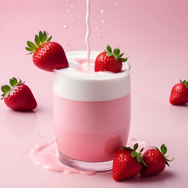 Batido de fresa con chorrito de leche aislado sobre fondo rosa