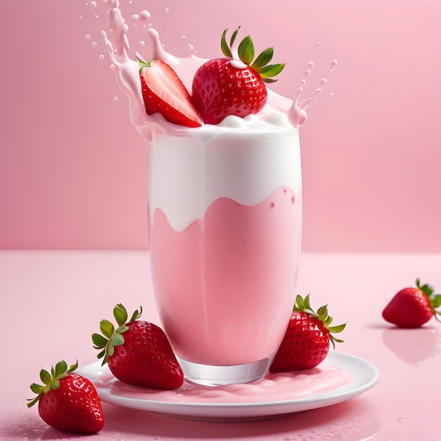 Batido de fresa con chorrito de leche aislado sobre fondo rosa