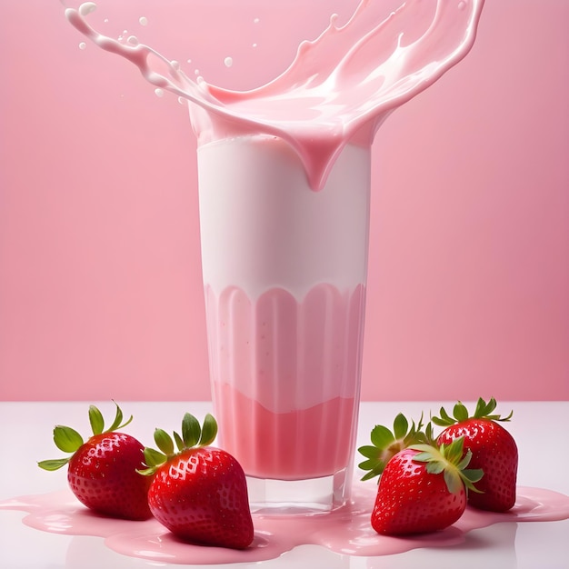 Batido de fresa con chorrito de leche aislado sobre fondo rosa