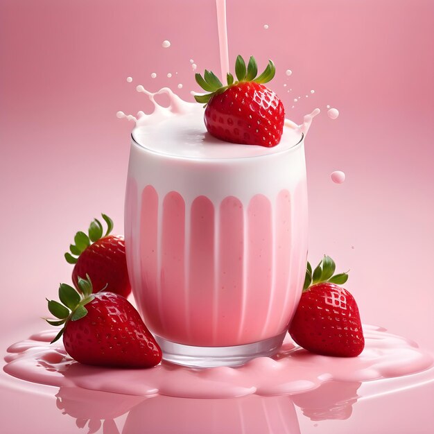 Batido de fresa con chorrito de leche aislado sobre fondo rosa