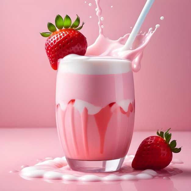 Batido de fresa con chorrito de leche aislado sobre fondo rosa