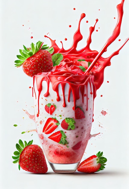 Batido de fresa dulce sobre fondo blanco.