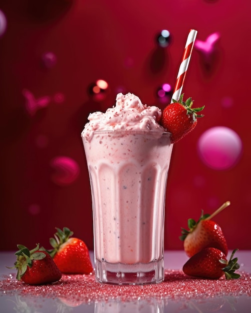 Foto batido de fresa con fondo de jardín