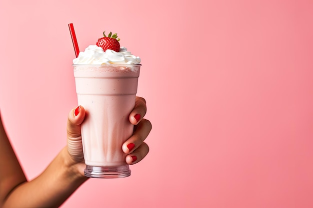 Un batido de fresa en el fondo de la mano de una mujer con un espacio de copia