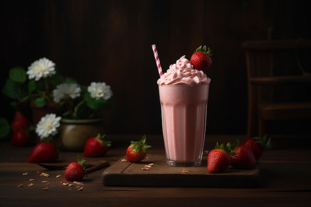 Un batido de fresa con fresas en una mesa