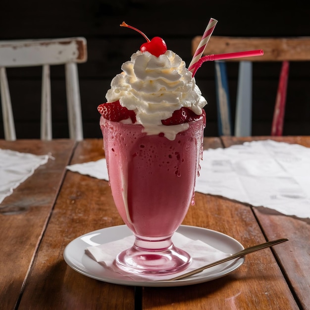 Un batido de fresa en la mesa.