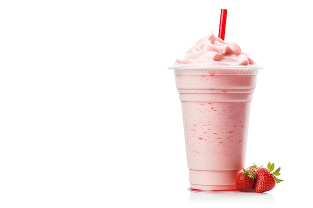 Foto batido de fresa en vaso de plástico para llevar aislado sobre fondo blanco con espacio de copia