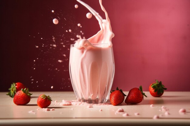 Batido de fresa vibrante y refrescante con bayas frescas sobre fondo rosa