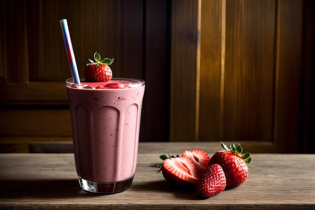 Un batido con fresas en una mesa de madera