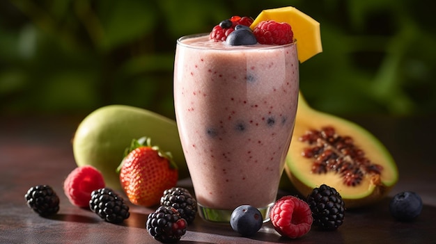 Un batido con fruta en la mesa.