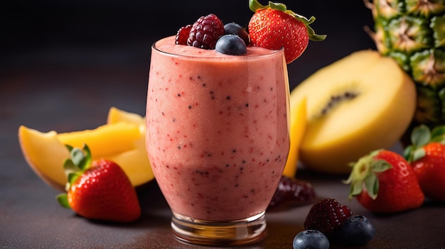 Un batido con fruta y un plátano al lado.