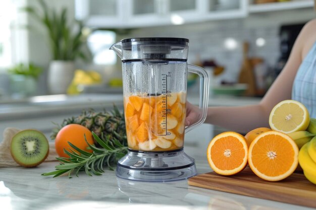 Foto un batido de frutas cocido en la mesa de la cocina haciendo un cóctel de frutas en la cocina