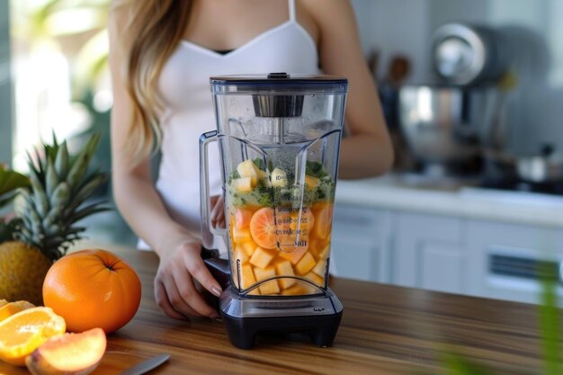 Foto un batido de frutas cocido en la mesa de la cocina haciendo un cóctel de frutas en la cocina