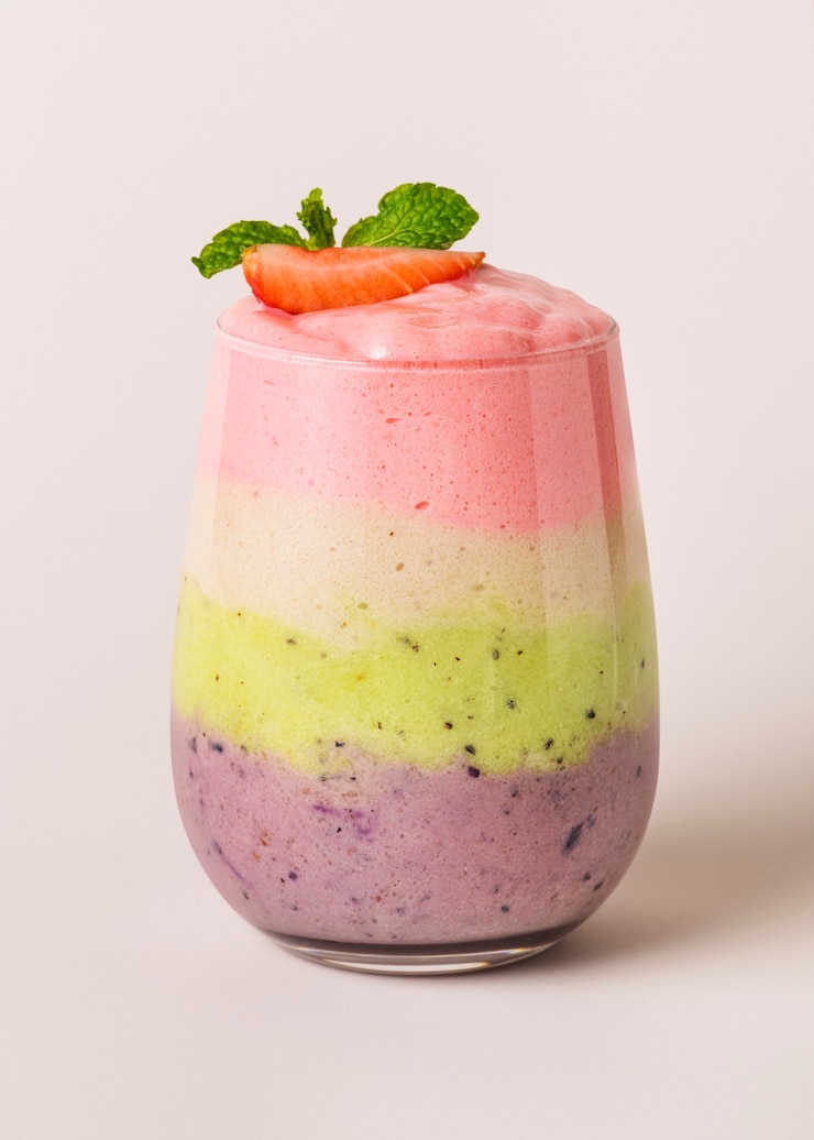 Foto batido de frutas saludables en capas