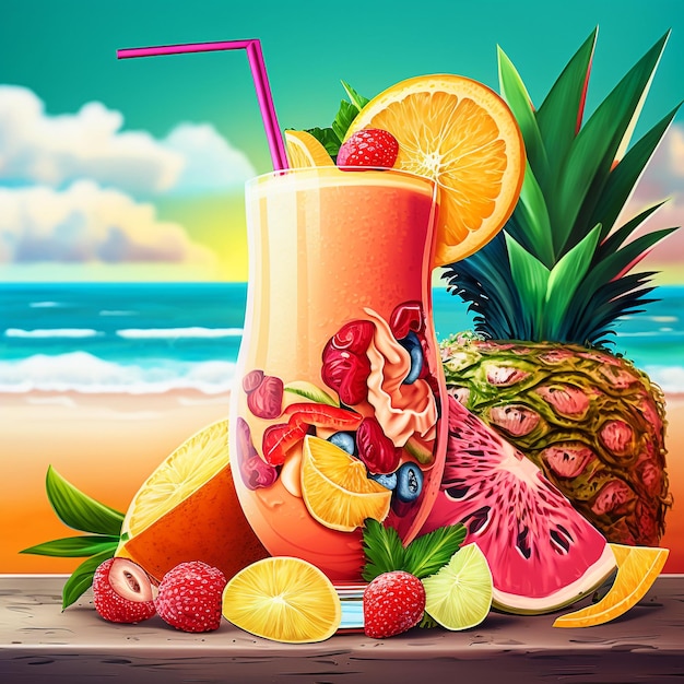 Batido de frutas tropicales en la playa ai generativo