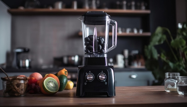 Batido de frutas y verduras frescas preparado con un moderno aparato mezclador generado por IA