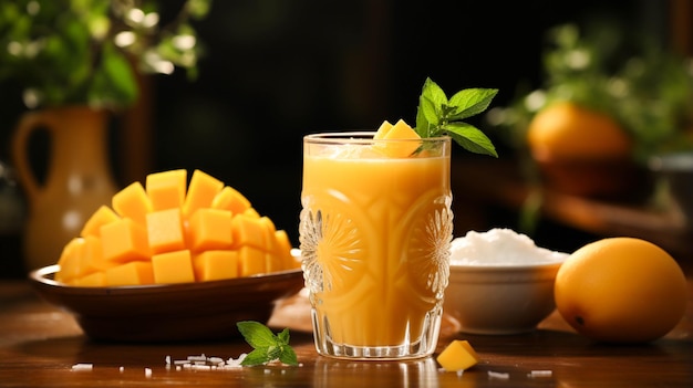 Batido de jugo de mango delicioso y fresco en un vaso de vidrio sobre una mesa de madera