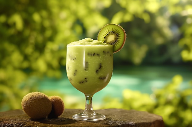 Un batido de kiwi helado adornado con una rebanada de kiwi