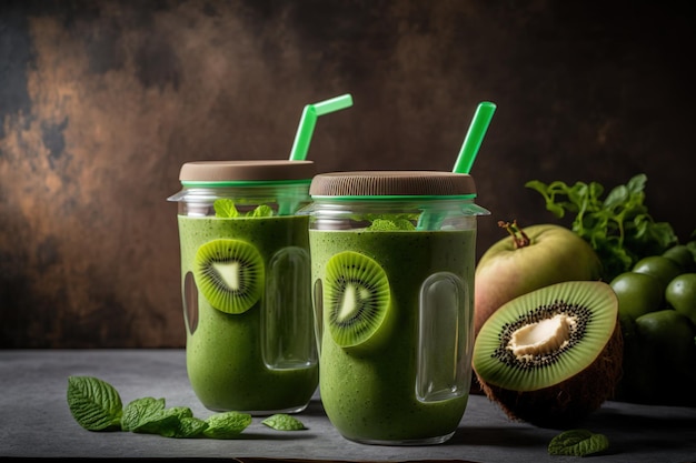 Batido de kiwi y verde en las tazas bebida orgánica sana alcalinidad dietética y nutrición dieta vegetariana que es saludable