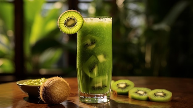 Batido de kiwi verde en un vaso sobre una mesa de madera