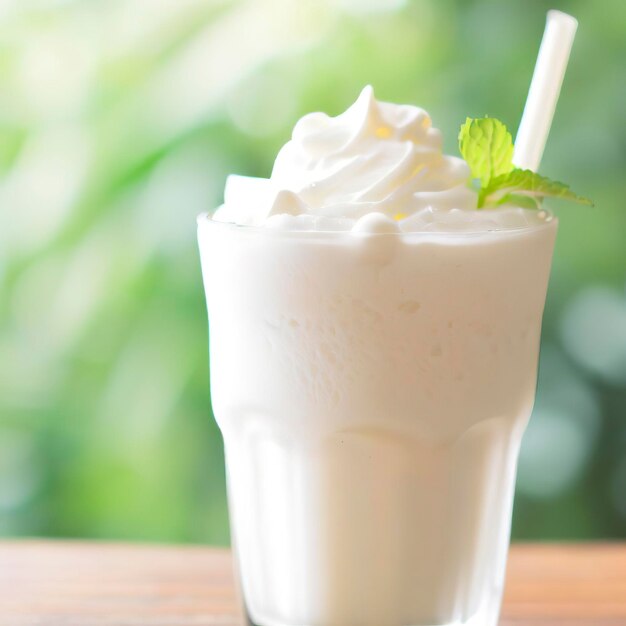 Batido de leche fresca en mesa de madera