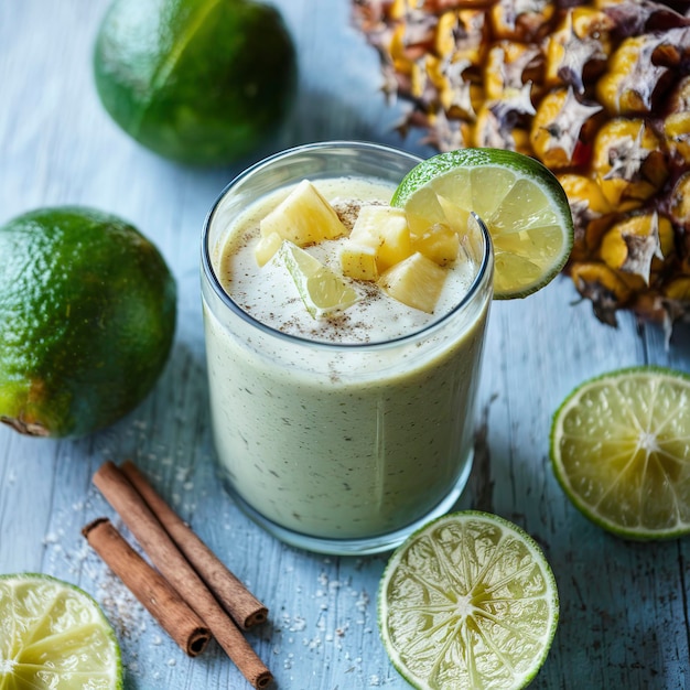 batido de lima con pedazos de piña y canela