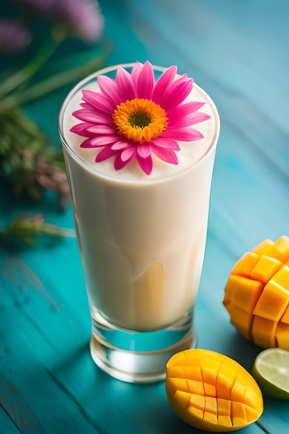 Batido de mango con una flor rosa encima