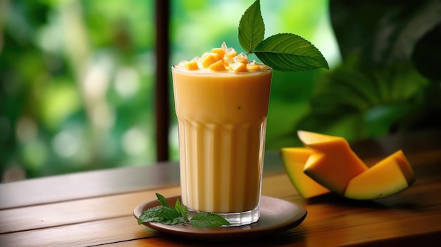 Un batido de mango con una hoja de mango encima