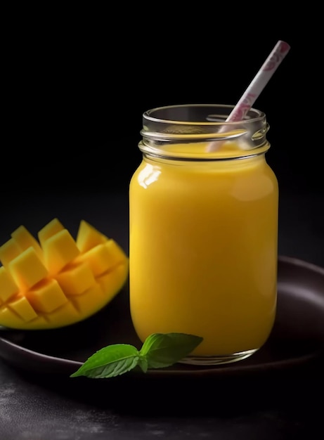 Batido de mango con pajita y una rodaja de mango