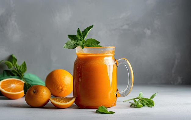 Batido de naranja con hojas de menta en tarro de cristal