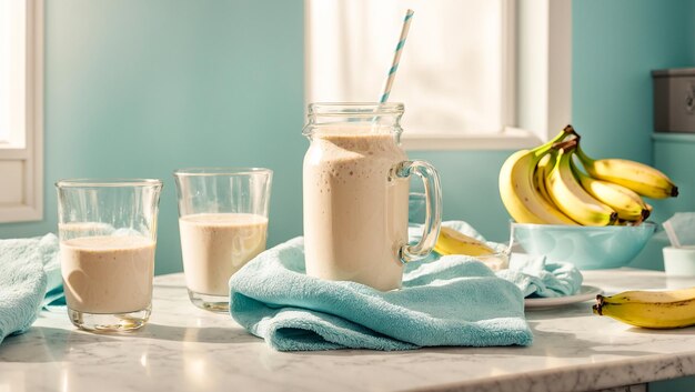 Batido y plátano en el fondo de la cocina