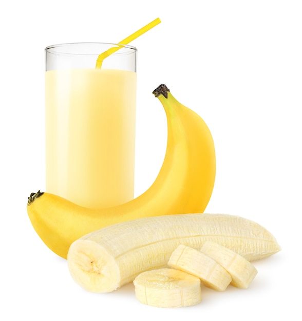 Foto batido de plátano fresco en un vaso aislado sobre superficie blanca