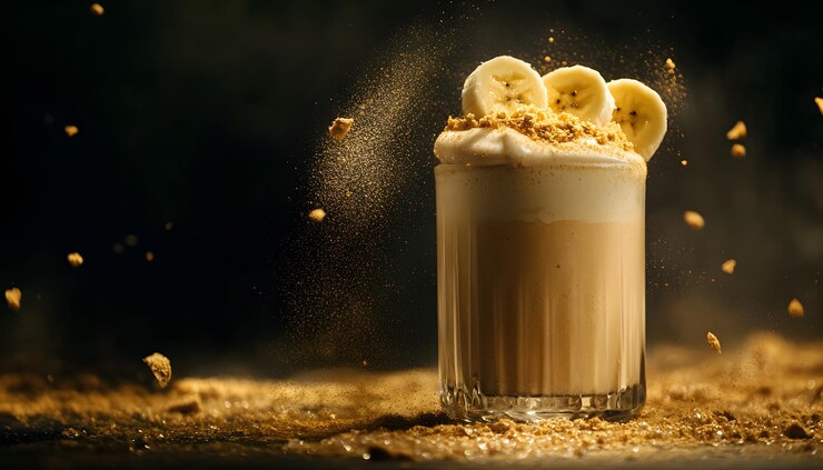 Un batido de plátano y migajas en un vaso