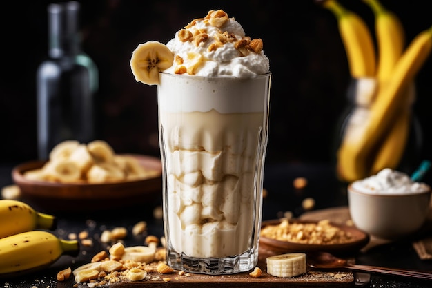 Un batido de plátano con plátano y nueces sobre una mesa de madera.