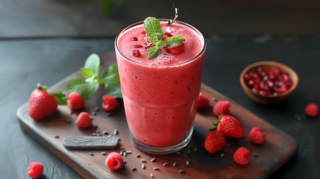 Un batido refrescante y saludable hecho con frambuesas frescas fresas y semillas de granada