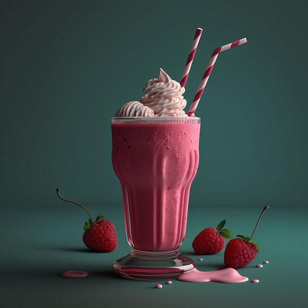 Un batido rosa con fresas y un fondo azul.