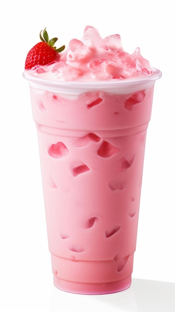 un batido rosa con tapa rosa y fondo blanco.