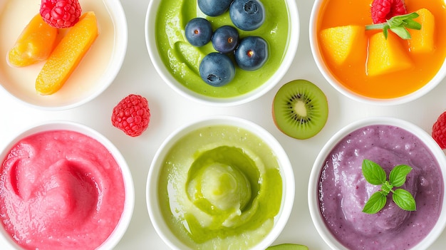 Foto batido con sabor a frutas de colores en tazones