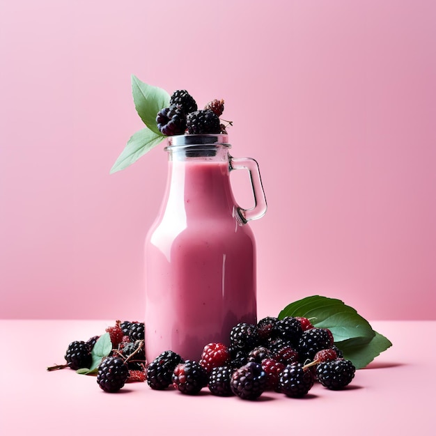 Batido de verano de bayas en una botella de vidrio sobre un delicado fondo rosa con arándanos