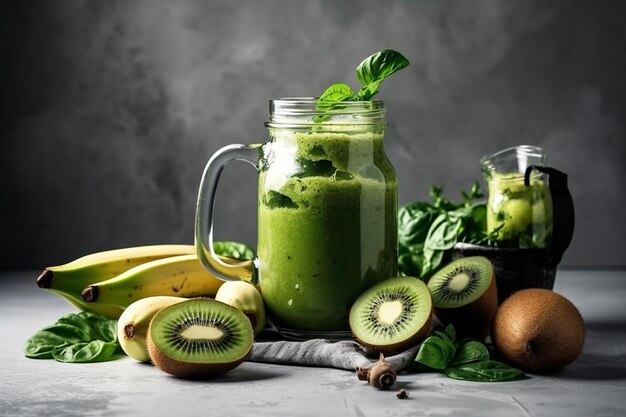 Un batido verde con una bebida verde