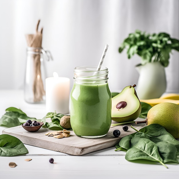 Un batido verde está sobre una mesa con otras frutas y verduras.