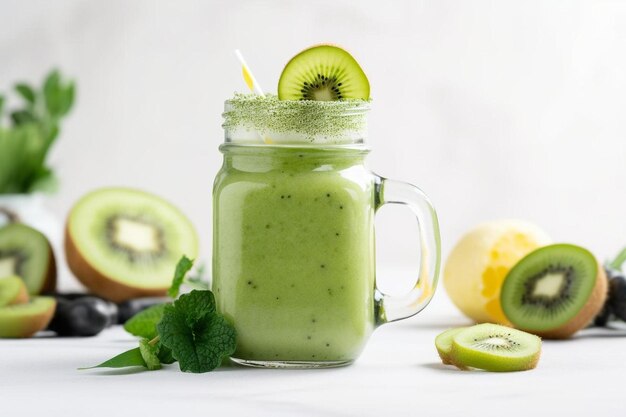 un batido verde con kiwis y hojas de menta