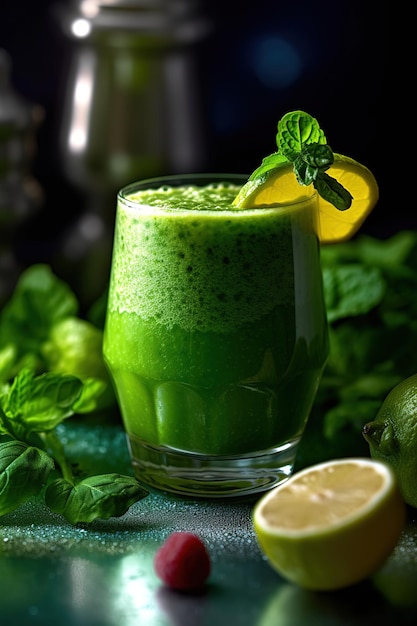 Un batido verde con un limón encima