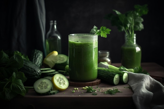 Un batido verde con un montón de pepino y limones al lado.