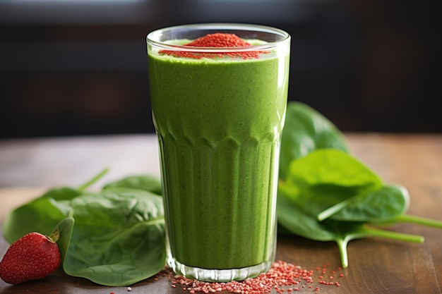 Batido verde y rojo en un vaso alto sobre una mesa