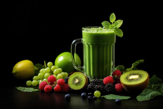 Batido verde saludable con frutas frescas y bayas sobre fondo negro Batido verde con frutas y bayas sobre fondo negro Concepto de comida saludable AI generado