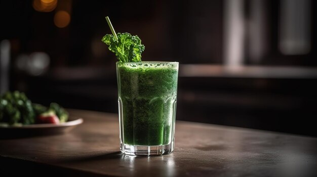 Un batido verde sobre una mesa con pajita