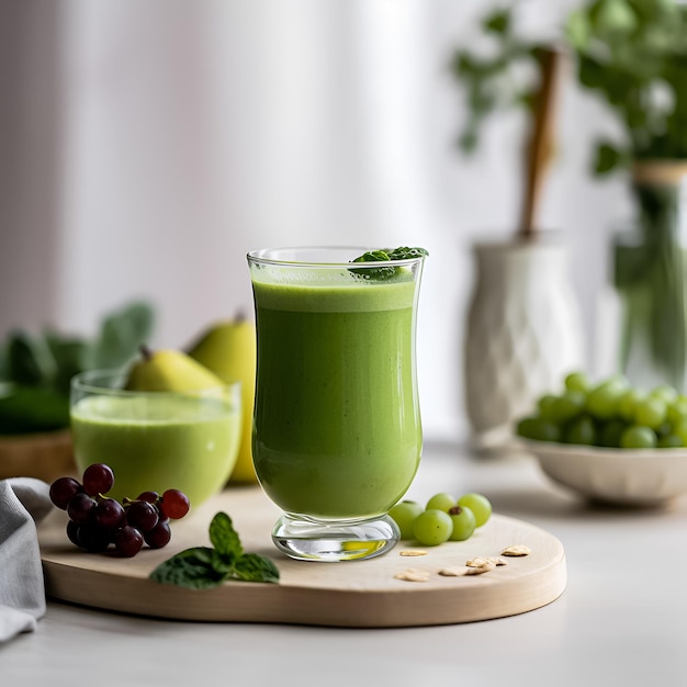 Un batido verde con uvas y hojas verdes se asienta sobre una tabla para cortar madera.