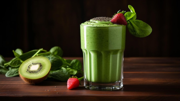 Un batido verde en un vaso.