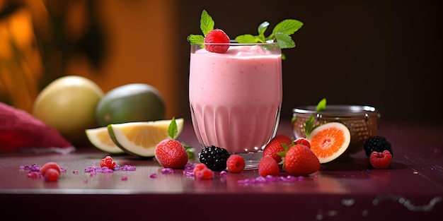 Batido de yogur de frutas con bayas frescas en un vaso